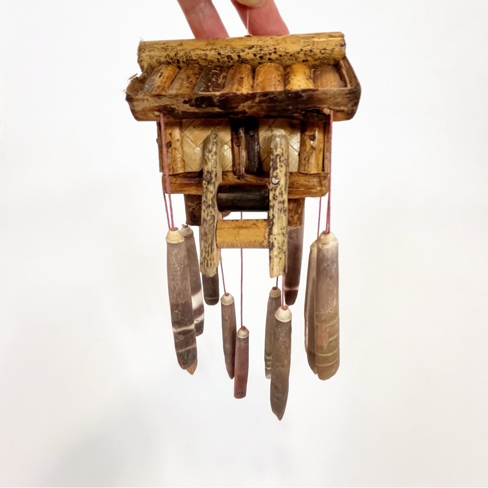 Wind Chime Wooden House Hut Bamboo With Sea Shell Urchin Spines